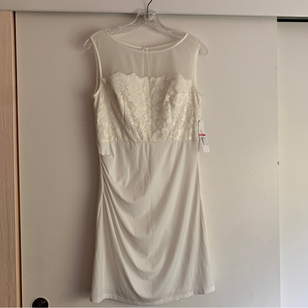 NWT Eliza J off white cream sleeveless mesh illusion lace ruched dress